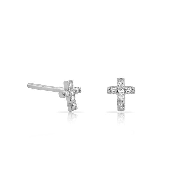 14K MINI CROSS DIAMOND STONES STUD EARRINGS