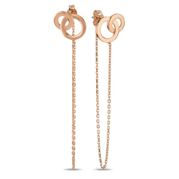 14K TWO CIRCLES WITH CHAIN STUD DAINTY EARRINGS