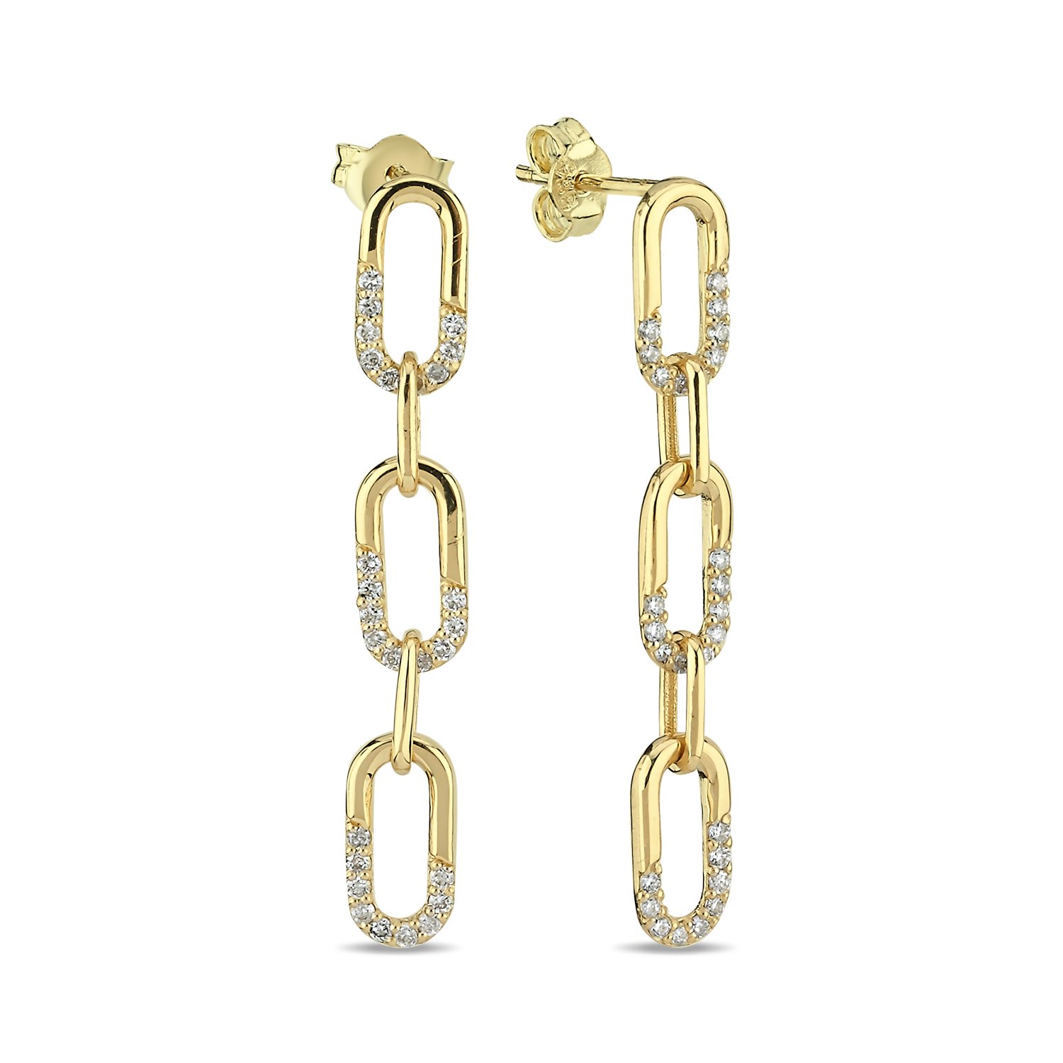 14K CHAIN SHAPE HALF PART DIAMOND STONES STUD EARRINGS