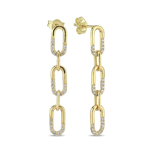14K CHAIN SHAPE HALF PART DIAMOND STONES STUD EARRINGS