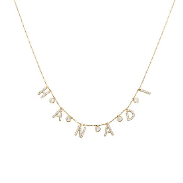 14K LETTERS WITH CHARM DIAMOND STONES NAME NECKLACES