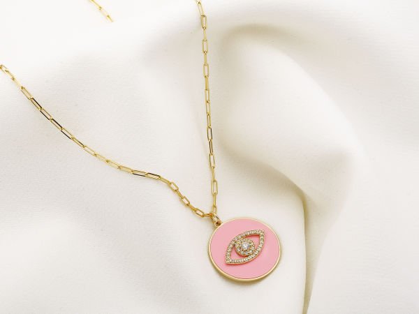 14K ENAMEL CIRCLE INSIDE EVIL EYE DIAMOND NECKLACE