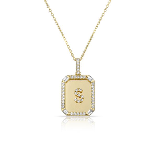 14K DIAMOND BAGUETTE DOG TAG WITH DIAMOND INITIAL PENDANT NECKLACE