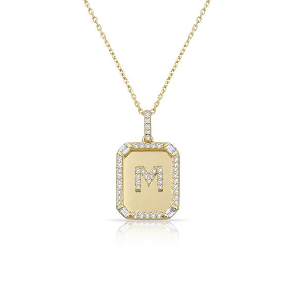 14K DIAMOND BAGUETTE DOG TAG WITH DIAMOND INITIAL PENDANT NECKLACE