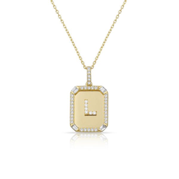 14K DIAMOND BAGUETTE DOG TAG WITH DIAMOND INITIAL PENDANT NECKLACE