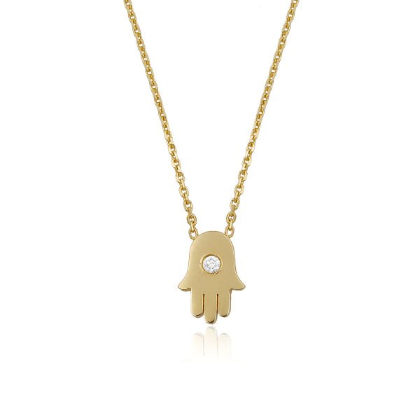 14K HAMSA HAND WITH DIAMOND DOT NECKLACE