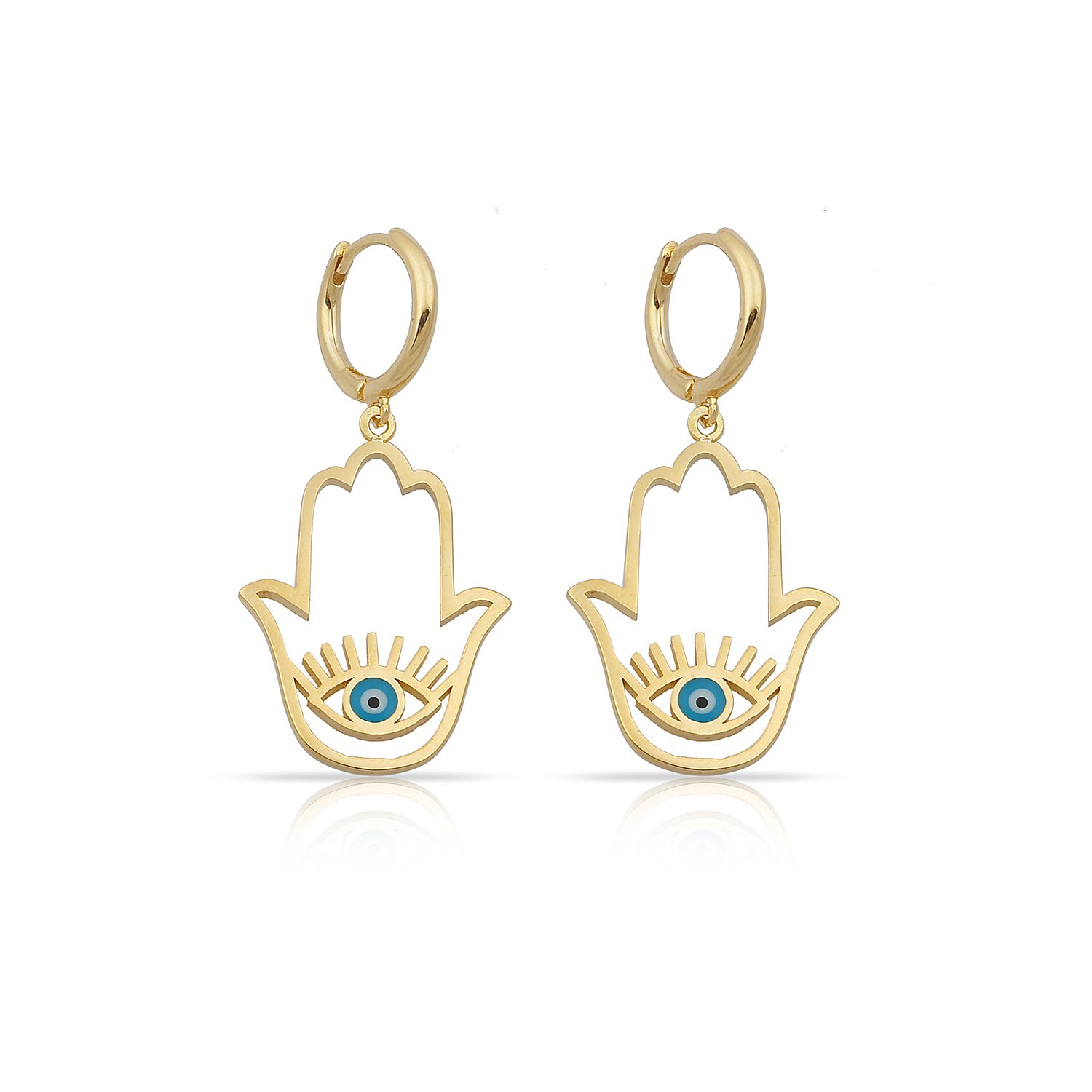 14K HAMSA HAND & EVIL EYE IN HUGGIE EARRINGS