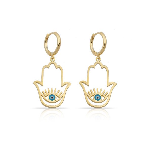 14K HAMSA HAND & EVIL EYE IN HUGGIE EARRINGS