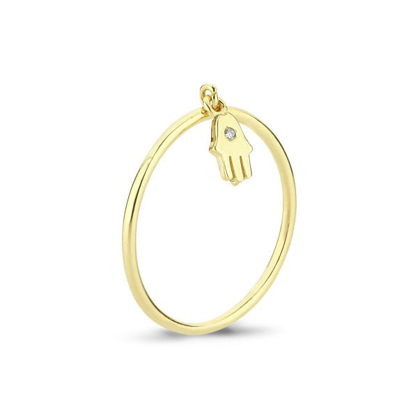 14K HAMSA HAND WITH DIAMOND DOT RING