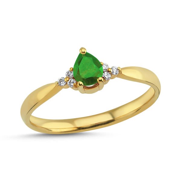 14K DROP EMERALD GREEN STONE DIAMOND RING