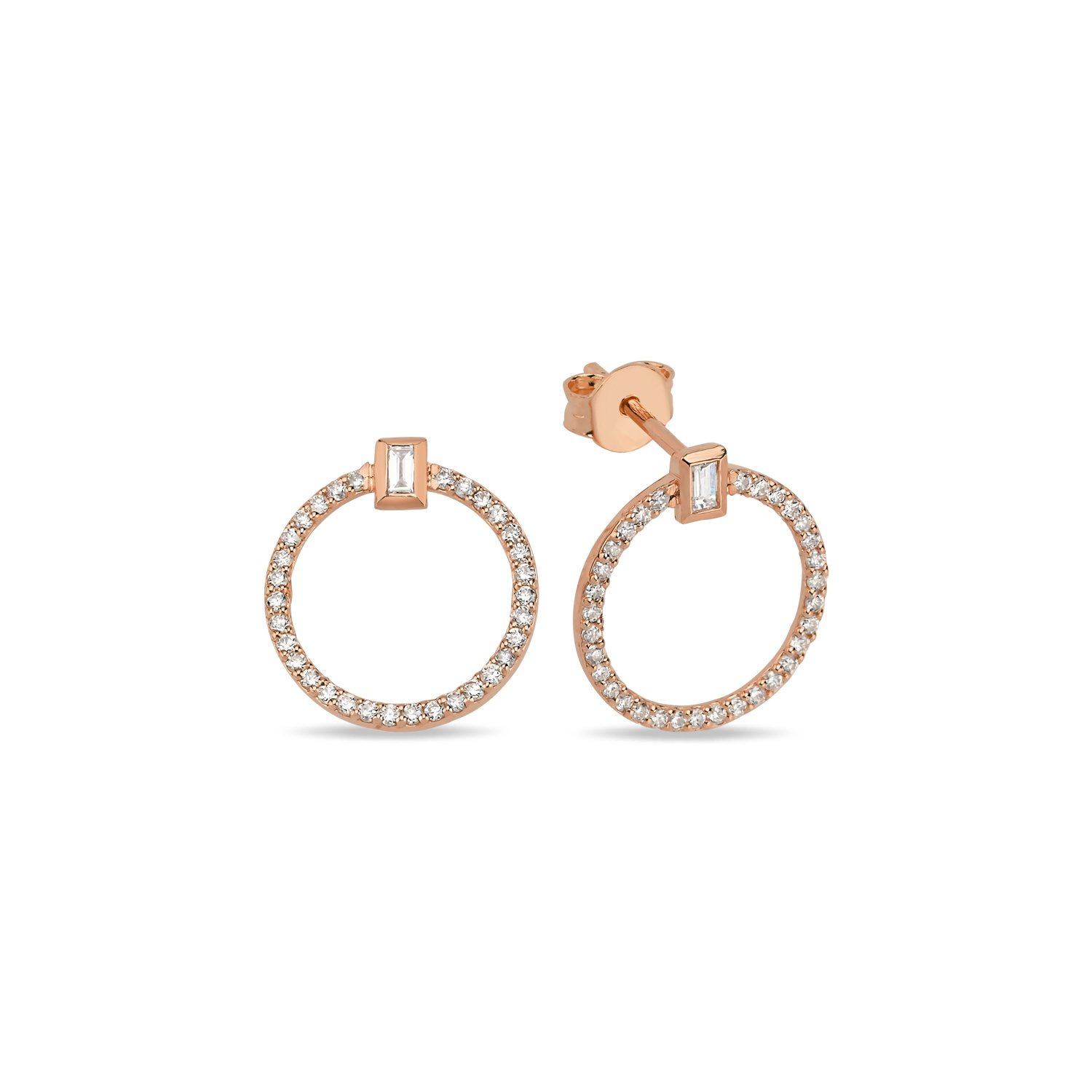 14K DIAMOND CIRCLE BAGUETTE STUD EARRINGS