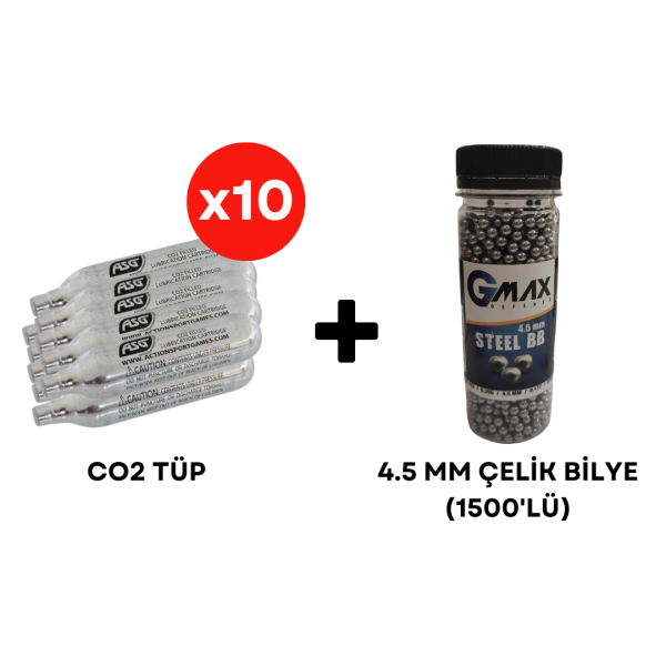 Asg Co2 Tüp (10 Adet) + Gmax 4,5mm Çelik Bilye (1500 Adet)