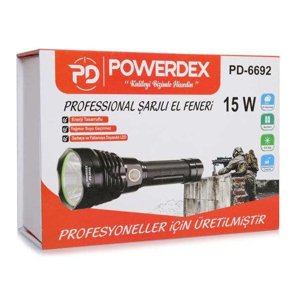 Powerdex PD-6692 15W 1000 Lümen Profesyonel Şarjlı El Feneri