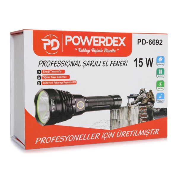 Powerdex PD-6692 15W 1000 Lümen Profesyonel Şarjlı El Feneri