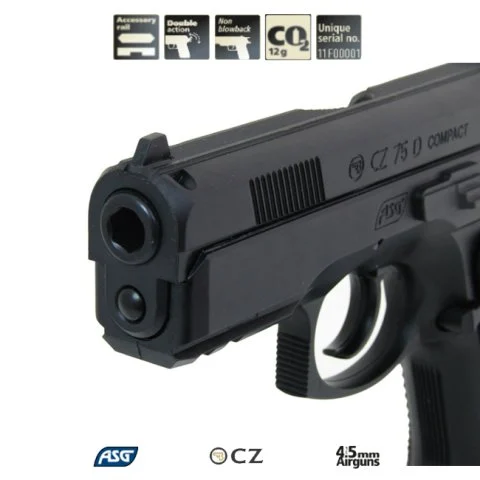 ASG CZ75 D Compact Siyah Havalı Tabanca - 4.5mm Co2, 380 FPS, 17 BB Kapasiteli