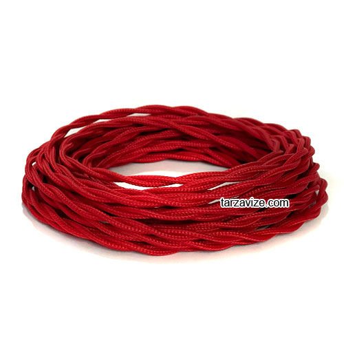 Tarzavize 2x0,50mm Kırmızı Renkli Dekoratif BURGULU Kumaş Kablo, 1 Metre