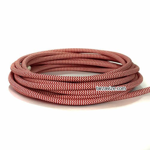 Tarzavize 2x0,50mm Kırmızı Beyaz Renk Dekoratif Örgülü Kumaş Kablo, 1 Metre