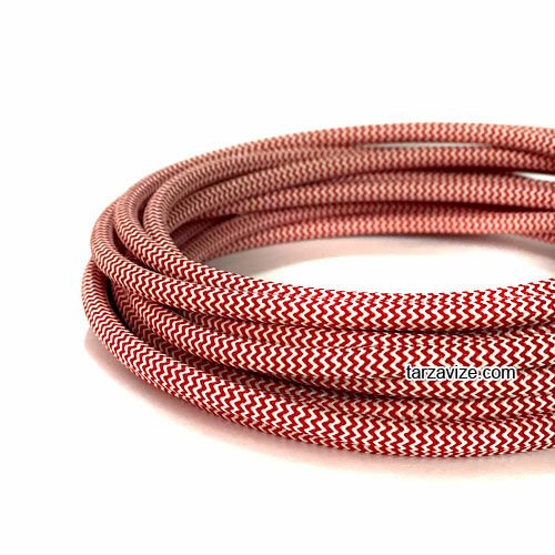 Tarzavize 2x0,50mm Kırmızı Beyaz Renk Dekoratif Örgülü Kumaş Kablo, 1 Metre