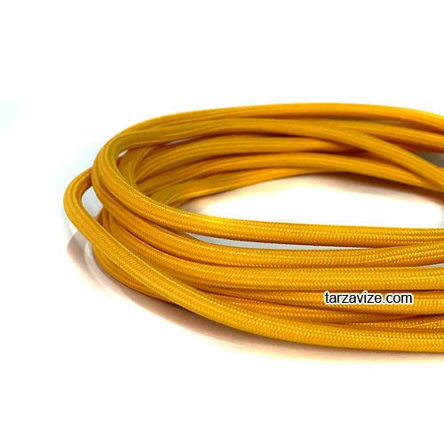 Tarzavize 2x0,50mm Koyu Sarı Renk Dekoratif Örgülü Kumaş Kablo, 1 Metre