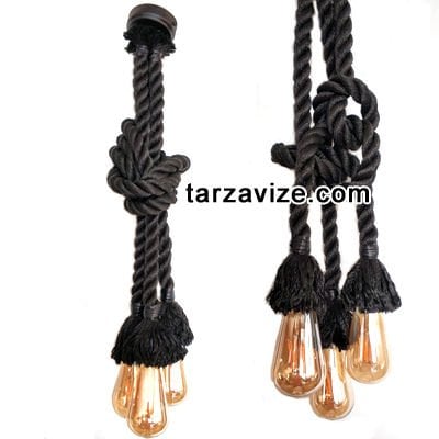 Tarzavize Dekoratif 3 lü Siyah Halatlı Dekoratif Halat Sarkıt Avize