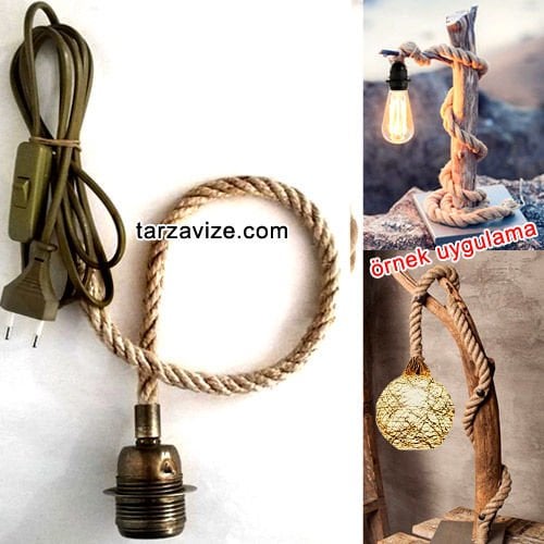 Ağaç Dalı Lambader Yapımı İçin Eskitme Duylu Anahtarlı Kablolu 1cm Jut Hasır Halat Kablo