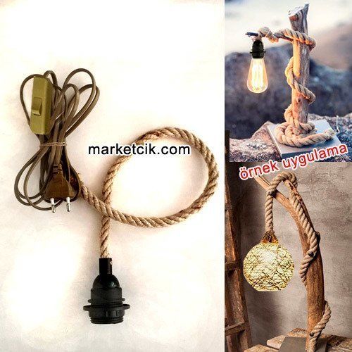 Ağaç Dalı Lambader Yapımı İçin Siyah Şapka Duylu Anahtarlı Kablolu 1cm Jut Hasır Halat Kablo