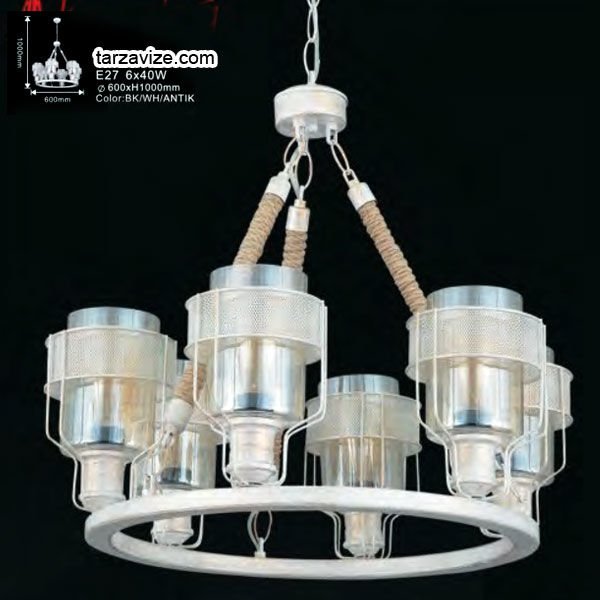 Tarzavize Camlı Krem Metal İşlemeli Halatlı Dekoratif Retro Rustik Avize 6xE27 Duylu