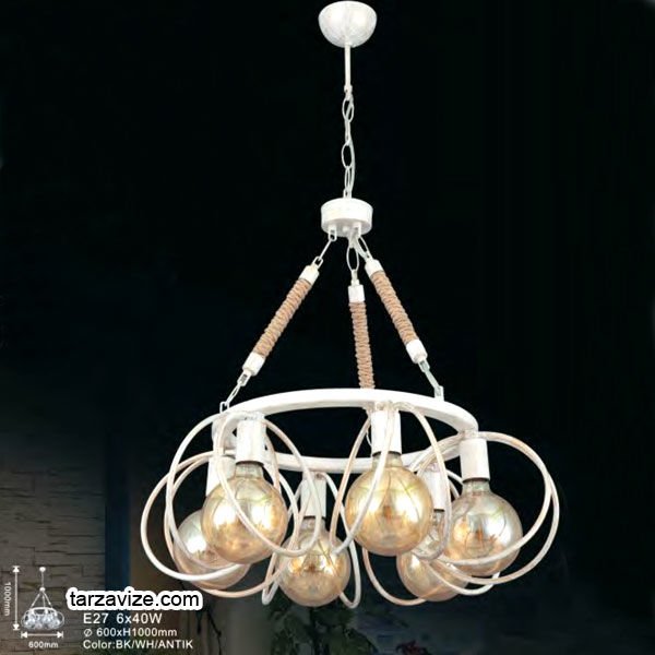 Tarzavize Camlı Krem Metal İşlemeli Halatlı Dekoratif Retro Rustik Avize 6xE27 Duylu