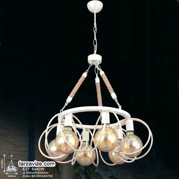 Tarzavize Camlı Krem Metal İşlemeli Halatlı Dekoratif Retro Rustik Avize 6xE27 Duylu