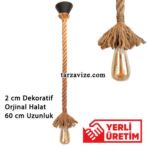 Dekoratif Jut Halat Sarkıt Tarz Avize 60 cm Boy E27 Duy Tavan Rozanslı