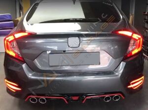 HONDA CIVIC FC5 2016-2020 IÇIN UYUMLU DIFÜZÖR 4 EGZOZ PIANO BLACK KIRMIZI SERITLI