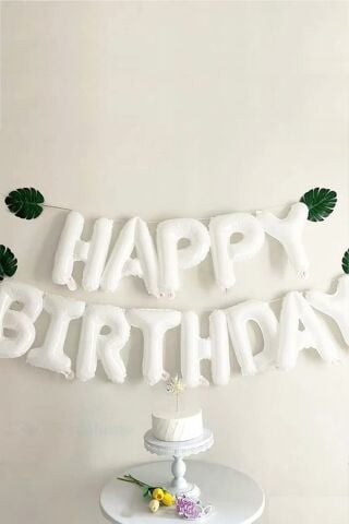 Beyaz Renk Happy Birthday Folyo Balon Seti Doğum Günü Balon Süsleme Seti