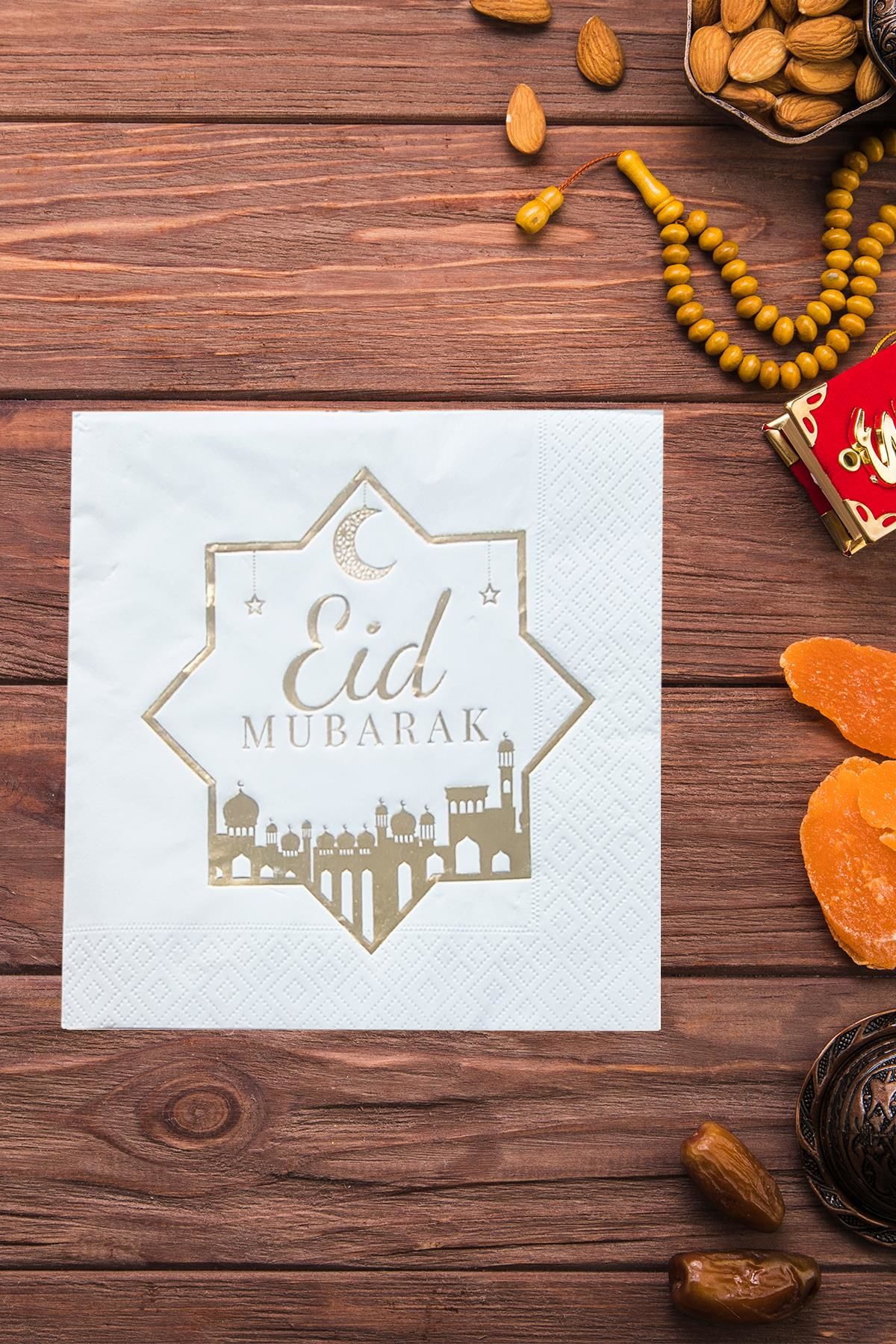 Eid Mubarak Altın Varak Yaldız Gold Baskılı İftar Sofrası Sunum Peçetesi 16lı Paket Ramazan Süsleri