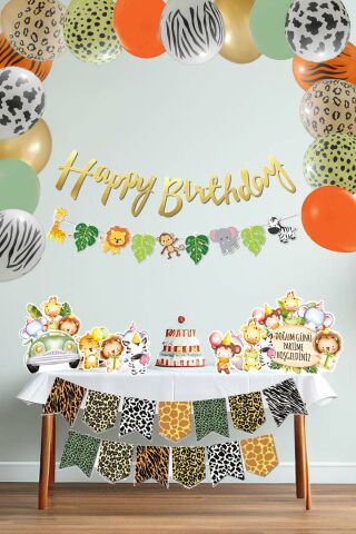 Safari Doğum Günü Lüks Parti Seti Balon Zinciri Flama Masa Üstü Ayaklı Panolar Seti Maxi 84 Parça