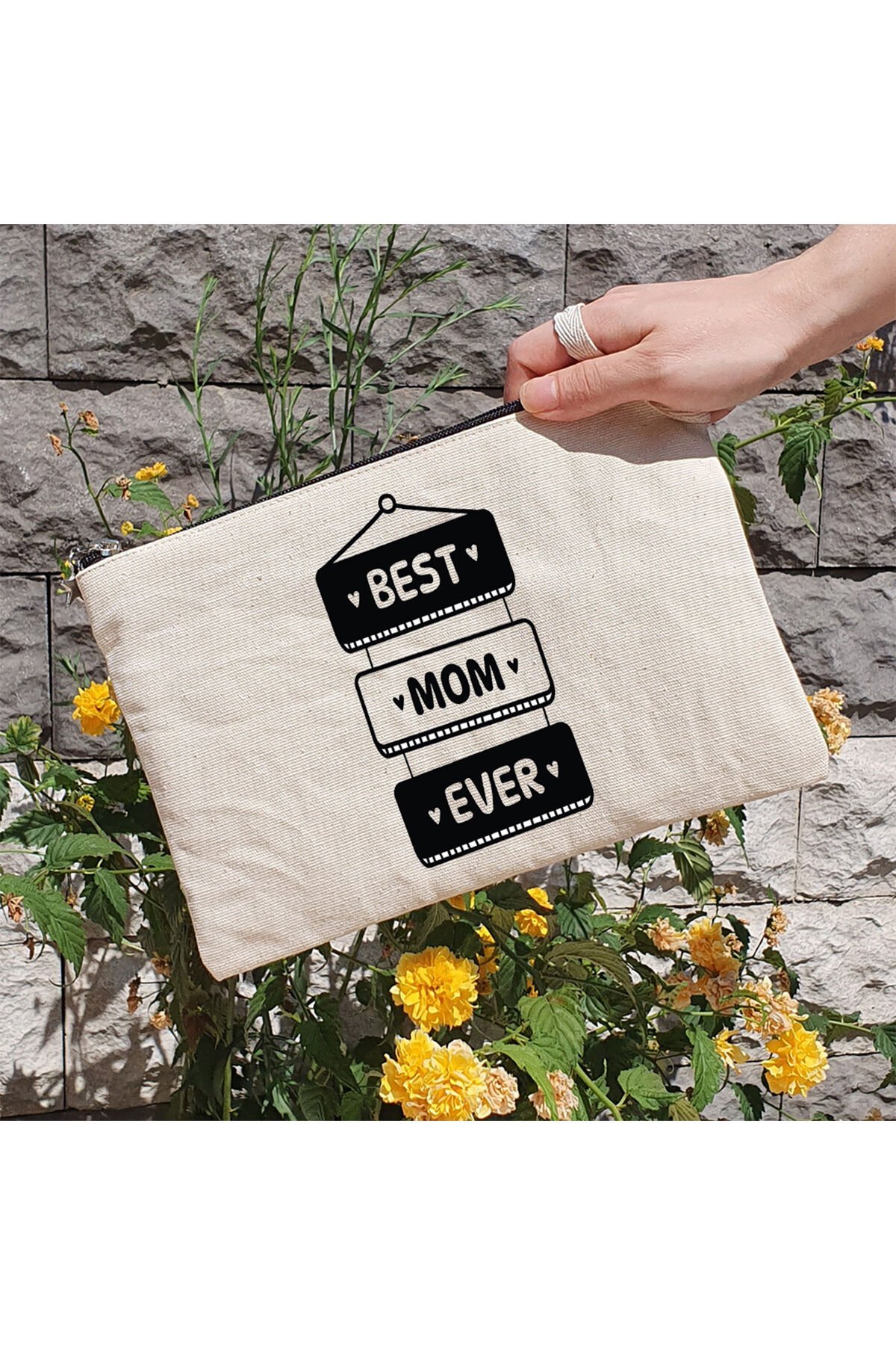 Clutch Çanta - Best Mom Ever Yazılı Anneye Hediye Astarlı Makyaj Çantası