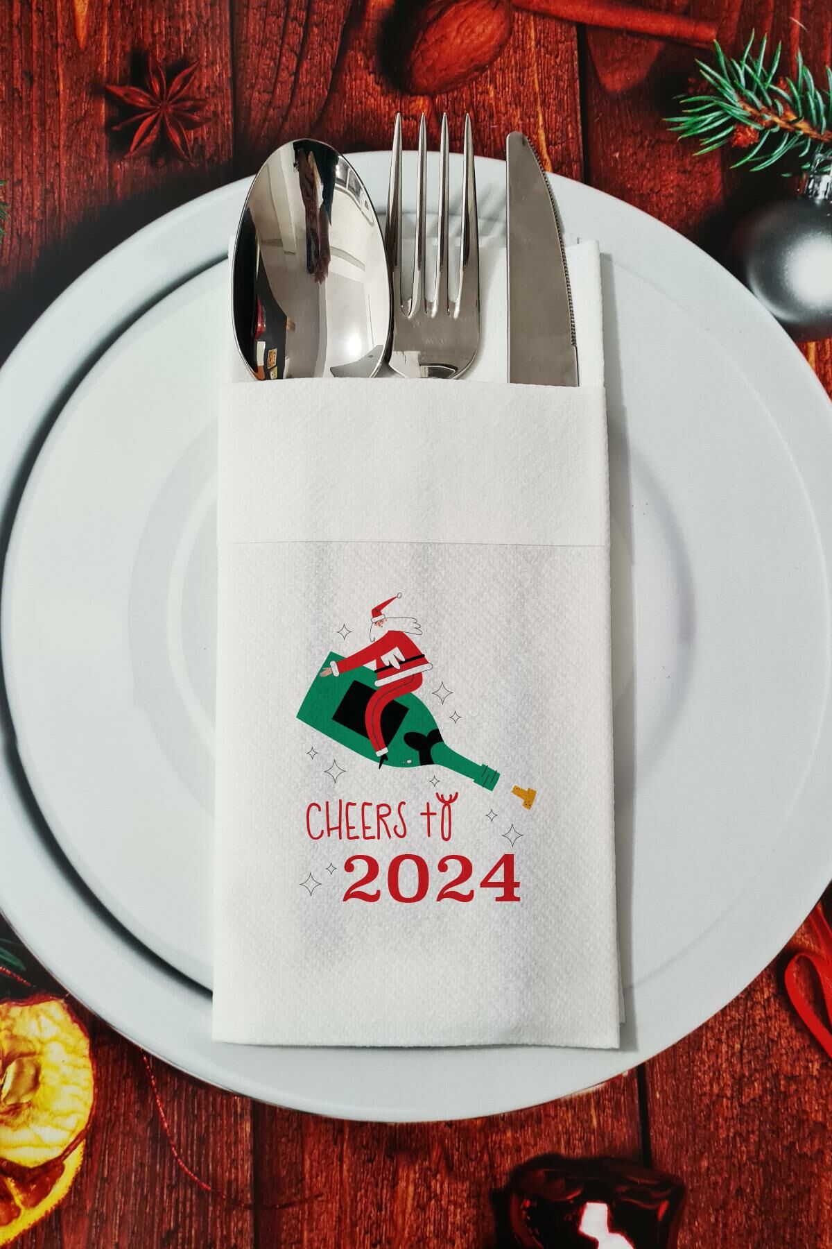 Kumaş Dokulu Cheers to 2024 Şampanya ve Noel Baba Yılbaşı - Yeni Yıl Sunum Peçetesi