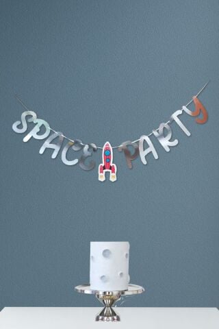 Uzay Tema Doğum Günü Space Party Metalize Gümüş Banner Kalın Kart Uzun Banner