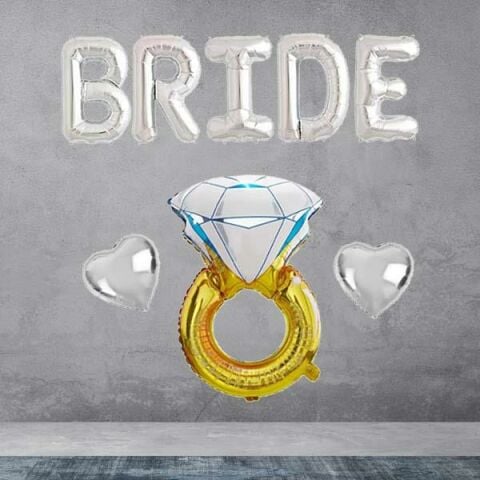 Bride Gümüş Folyo Balon Paketi - Tek Taşlı Kalp Balonlu Bride Set
