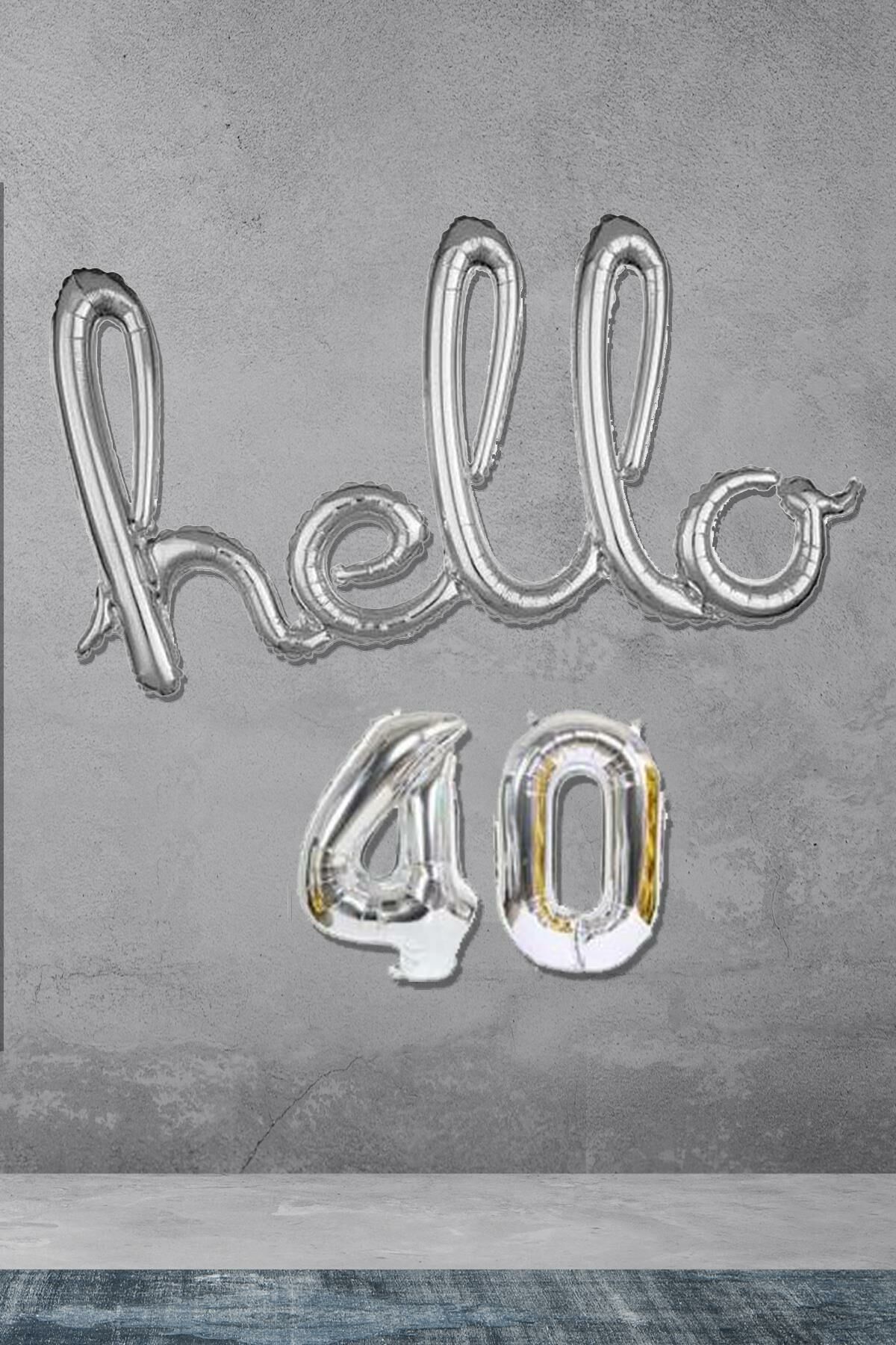 40 Yaş Doğum Günü Balonları - Hello 40 El Yazısı Gümüş Renk Folyo Balon