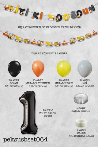 İnşaat Doğum Günü Balon Zinciri Yaş Balonlu Parti Süsleme Seti Bannerlı Rakam Balonlu Paket