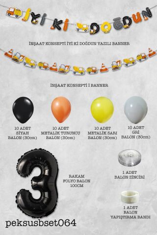 İnşaat Doğum Günü Balon Zinciri Yaş Balonlu Parti Süsleme Seti Bannerlı Rakam Balonlu Paket