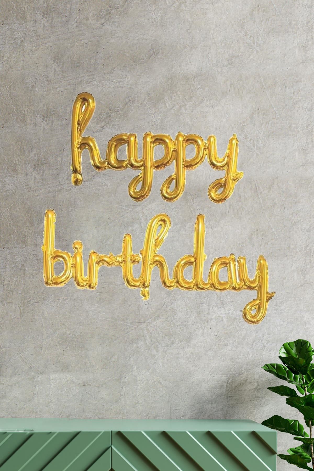 Happy Birthday El Yazısı İmza Folyo Balon Gold Renk Doğum Günü Parti Balonu