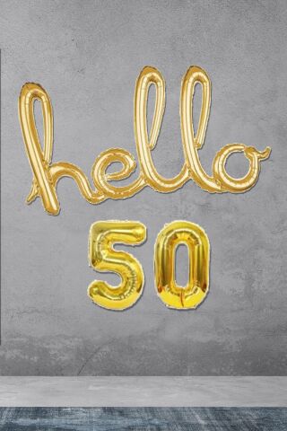 50 Yaş Doğum Günü Balonları - Hello 50 El Yazısı Gold Renk Folyo Balon