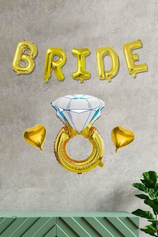 Bride Gold Folyo Balon Paketi - Tek Taşlkı Kalp Balonlu Bride Set