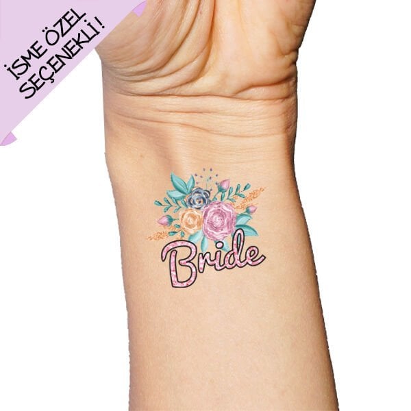 Pembe Glitter Çiçekli Bride İsme Özel Dövme