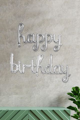 Happy Birthday El Yazısı İmza Folyo Balon Gümüş Renk Doğum Günü Parti Balonu