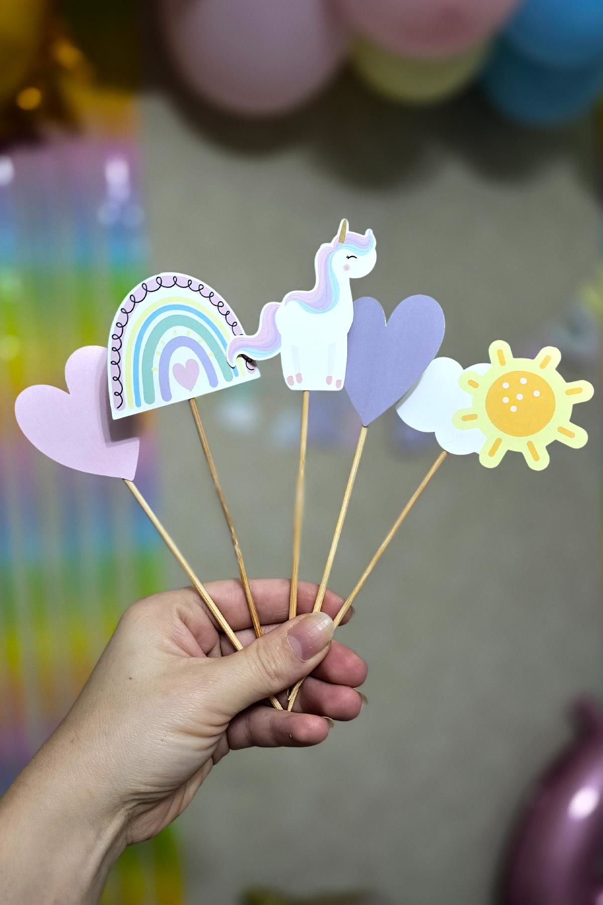 Gökkuşağı Unicorn Tema Kürdan Süsleri Cupcake Süsleri Gökkuşağı Konsept Lüks Büyük Boy 10lu Paket