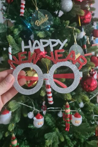 Gümüş Kırmızı Simli Happy New Year Yılbaşı Parti Gözlüğü Yılbaşı Parti Gözlük