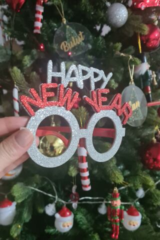Gümüş Kırmızı Simli Happy New Year Yılbaşı Parti Gözlüğü Yılbaşı Parti Gözlük