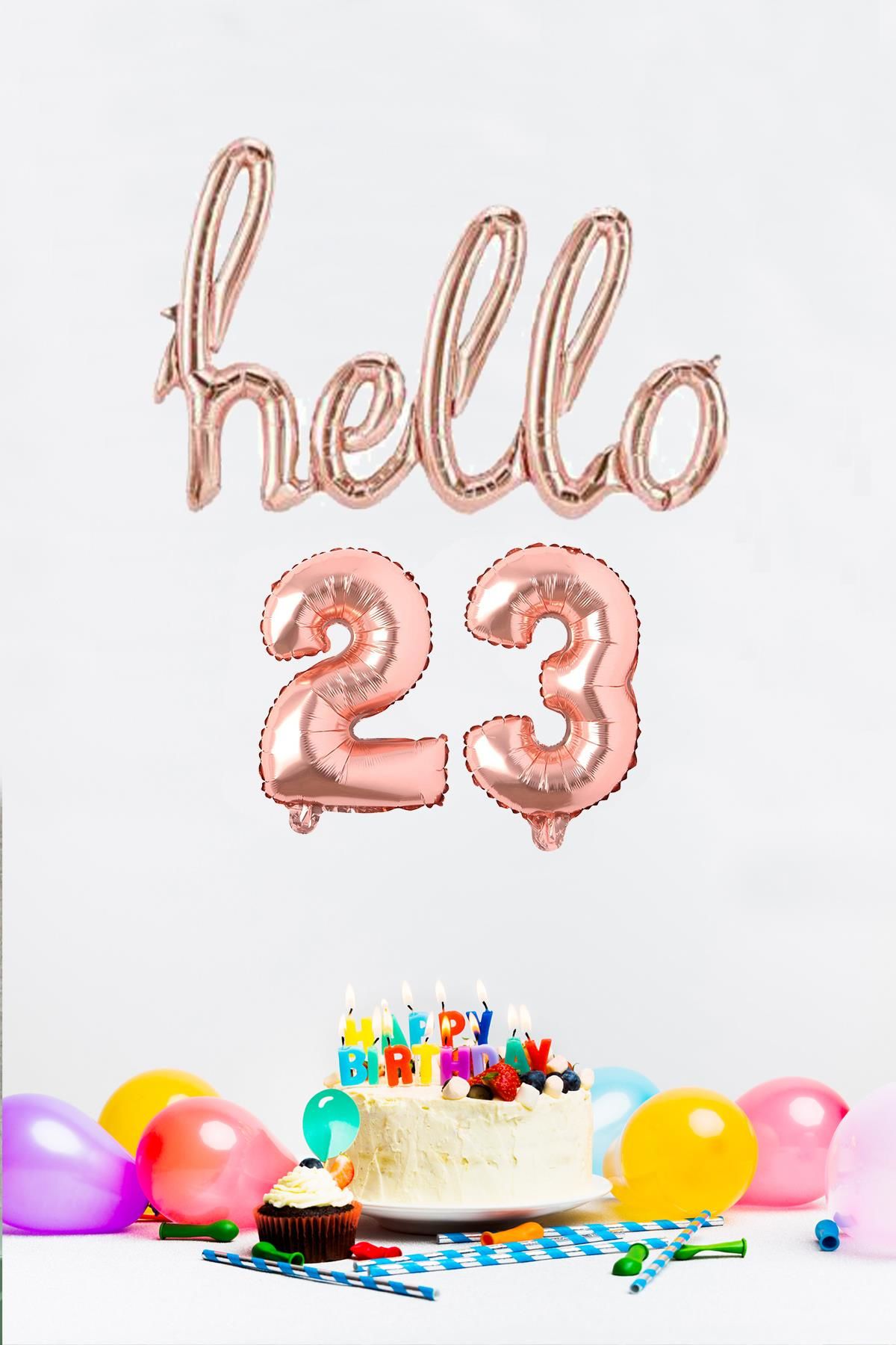 23 Yaş Doğum Günü Balonları - Hello 23 El Yazısı Rose Gold Renk Folyo Balon